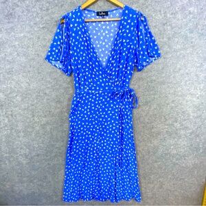 Lulus Maretta Wrap Dress Size M Blue Floral Midi Flutter Sleeve Spring Summer